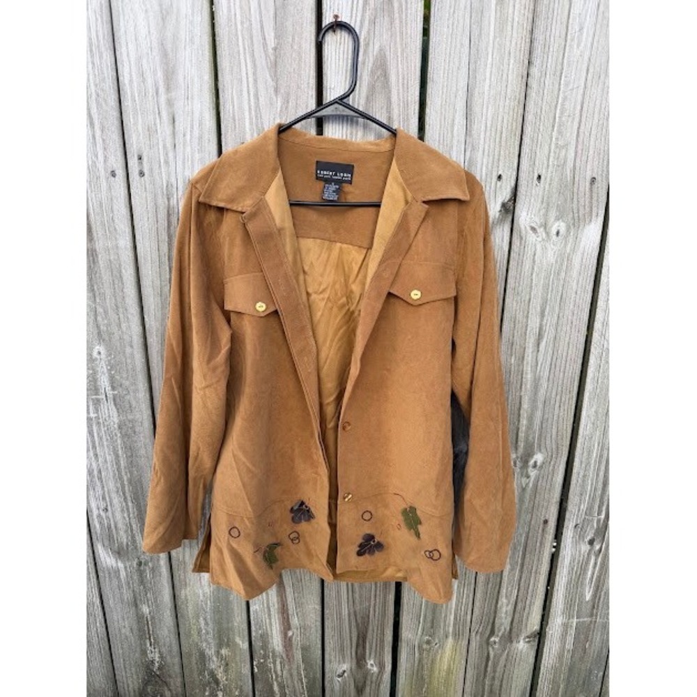 Cottagecore Earthy Robert Louis Jacket S Tan Faux Suede Embroidered Leaf Boho